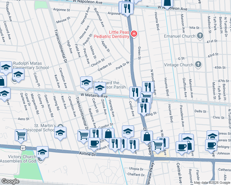map of restaurants, bars, coffee shops, grocery stores, and more near 4611 West Metairie Avenue in Metairie
