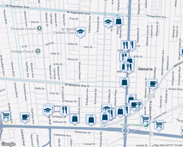 map of restaurants, bars, coffee shops, grocery stores, and more near 3614 East Bode Parkway in Metairie
