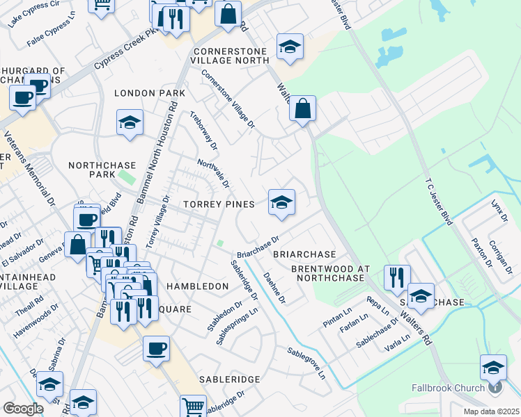 map of restaurants, bars, coffee shops, grocery stores, and more near 3915 Stableridge Drive in Houston