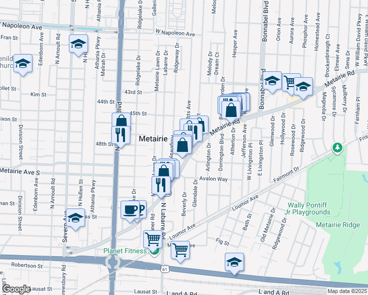 map of restaurants, bars, coffee shops, grocery stores, and more near 132 Metairie Heights Avenue in Metairie