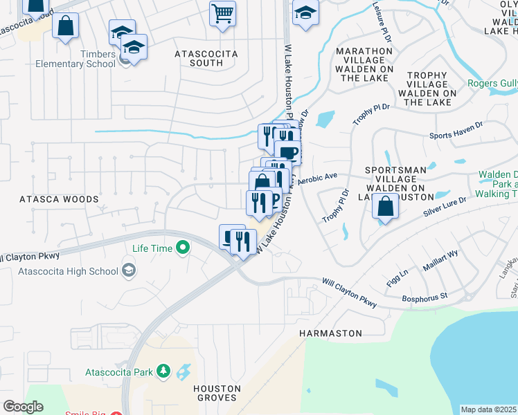 map of restaurants, bars, coffee shops, grocery stores, and more near 18321 West Lake Houston Parkway in Atascocita