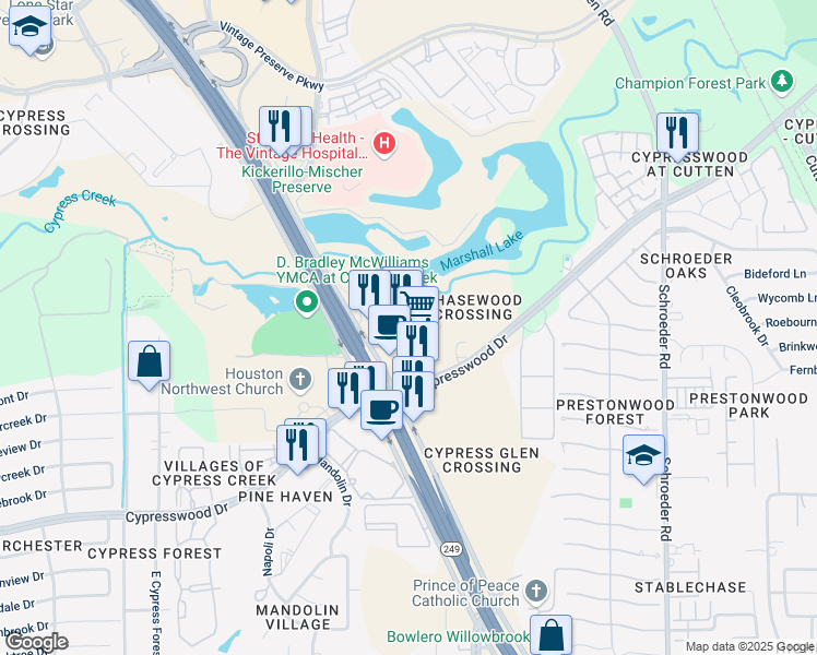 map of restaurants, bars, coffee shops, grocery stores, and more near 19746 Texas 249 in Houston