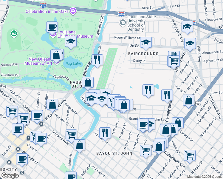 map of restaurants, bars, coffee shops, grocery stores, and more near 1 Verna Court in New Orleans