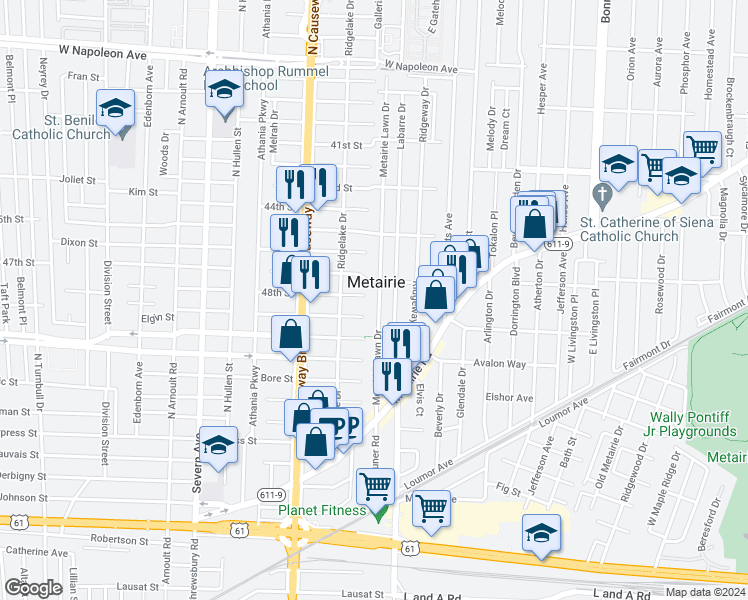 map of restaurants, bars, coffee shops, grocery stores, and more near 242 Metairie Lawn Drive in Metairie