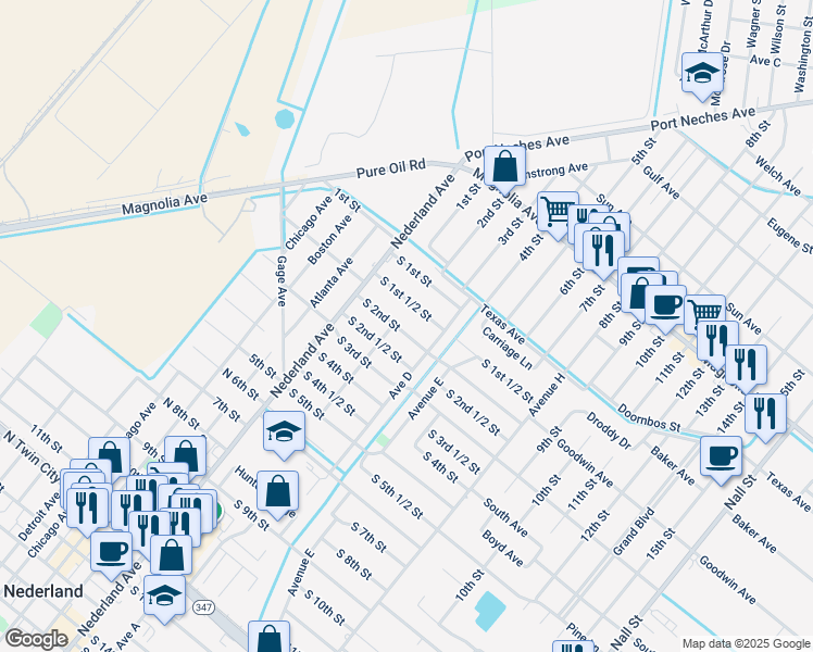map of restaurants, bars, coffee shops, grocery stores, and more near 307 S 2nd St in Nederland