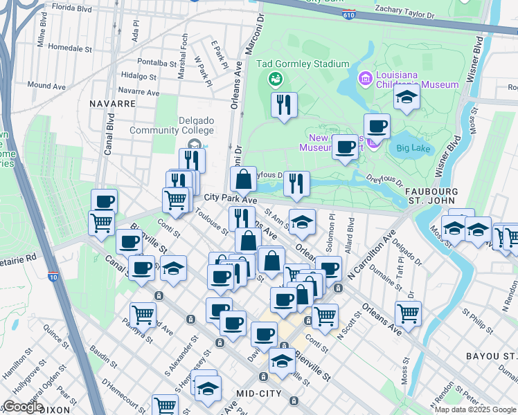 map of restaurants, bars, coffee shops, grocery stores, and more near 4524a Saint Ann Street in New Orleans
