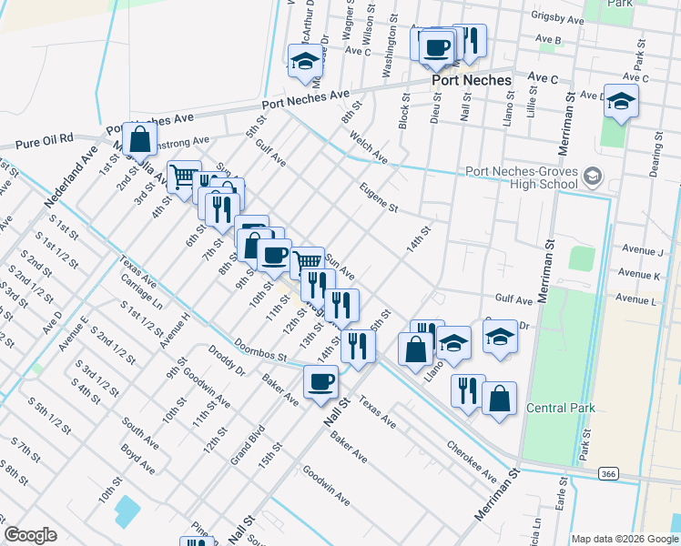 map of restaurants, bars, coffee shops, grocery stores, and more near 2101 12th Street in Port Neches