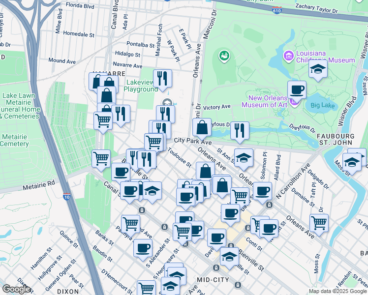 map of restaurants, bars, coffee shops, grocery stores, and more near 4708 Saint Peter Street in New Orleans
