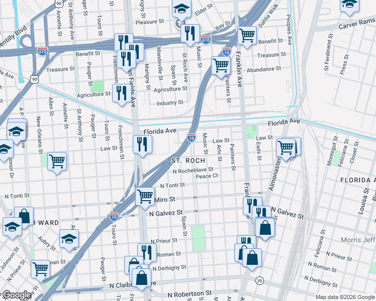map of restaurants, bars, coffee shops, grocery stores, and more near 2522 Saint Roch Avenue in New Orleans