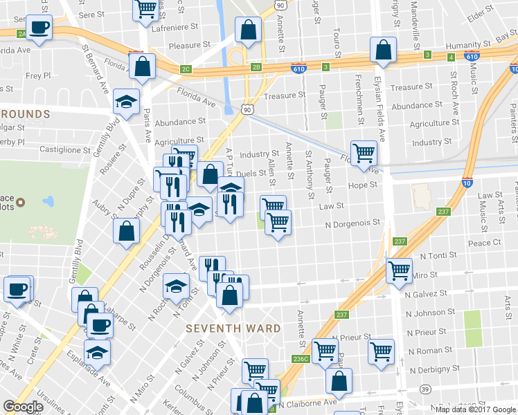 map of restaurants, bars, coffee shops, grocery stores, and more near 1975 Law Street in New Orleans