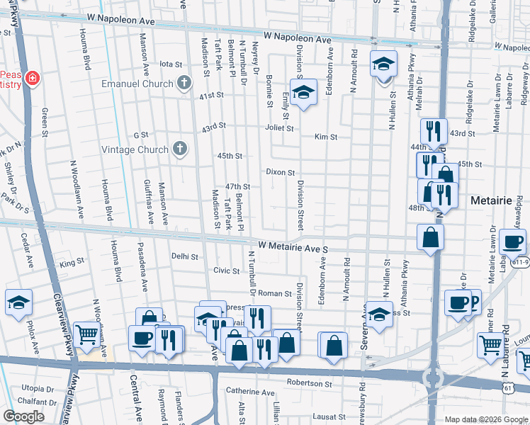 map of restaurants, bars, coffee shops, grocery stores, and more near 1001 Neyrey Drive in Metairie