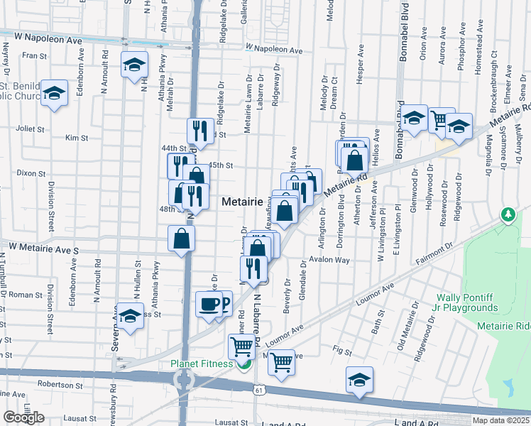 map of restaurants, bars, coffee shops, grocery stores, and more near 142 Ridgeway Drive in Metairie