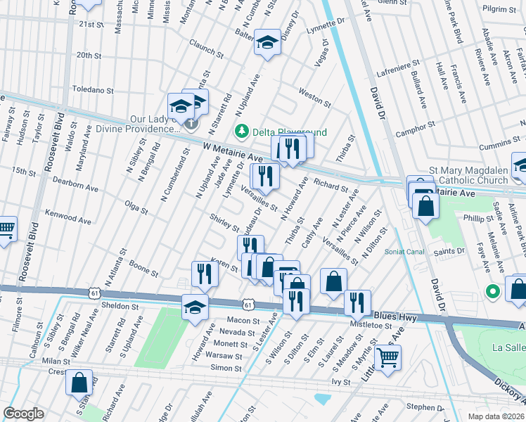 map of restaurants, bars, coffee shops, grocery stores, and more near 613 Trudeau Drive in Metairie