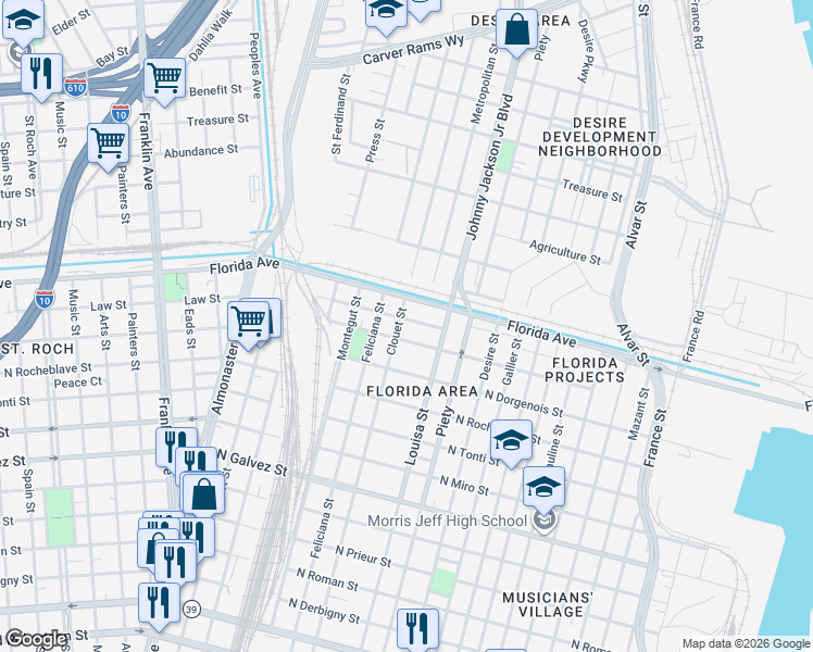 map of restaurants, bars, coffee shops, grocery stores, and more near 3110 Laussat Place in New Orleans