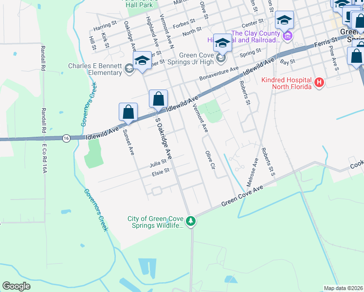 map of restaurants, bars, coffee shops, grocery stores, and more near 409 Pearl Street in Green Cove Springs