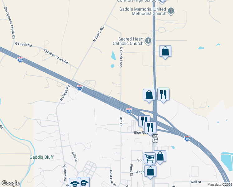 map of restaurants, bars, coffee shops, grocery stores, and more near 29 North Creek Loop in Comfort