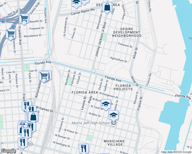 map of restaurants, bars, coffee shops, grocery stores, and more near 3330 Florida Avenue in New Orleans