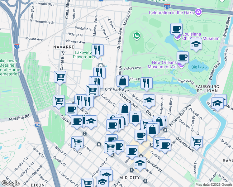 map of restaurants, bars, coffee shops, grocery stores, and more near 4618 Orleans Avenue in New Orleans