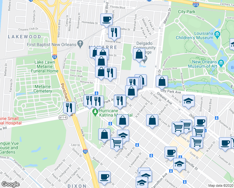 map of restaurants, bars, coffee shops, grocery stores, and more near 5120 Conti Street in New Orleans