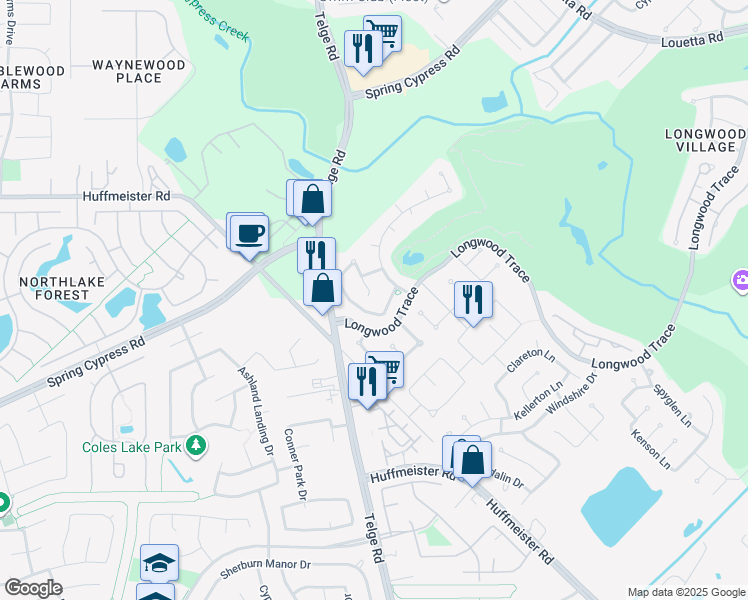 map of restaurants, bars, coffee shops, grocery stores, and more near 15002 Chestnut Glen Lane in Cypress