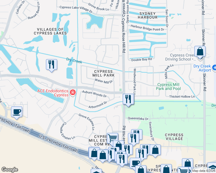 map of restaurants, bars, coffee shops, grocery stores, and more near 18210 Cobblestone Drive in Cypress