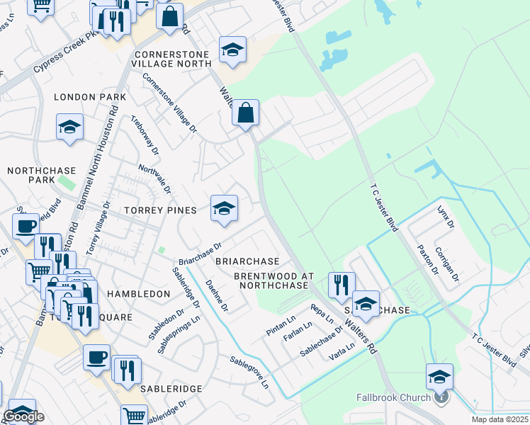 map of restaurants, bars, coffee shops, grocery stores, and more near 14005 Walters Road in Houston