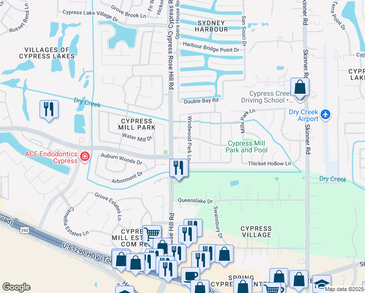map of restaurants, bars, coffee shops, grocery stores, and more near 18138 Calcaterra Court in Cypress