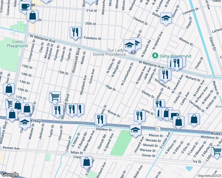 map of restaurants, bars, coffee shops, grocery stores, and more near 520 North Atlanta Street in Metairie
