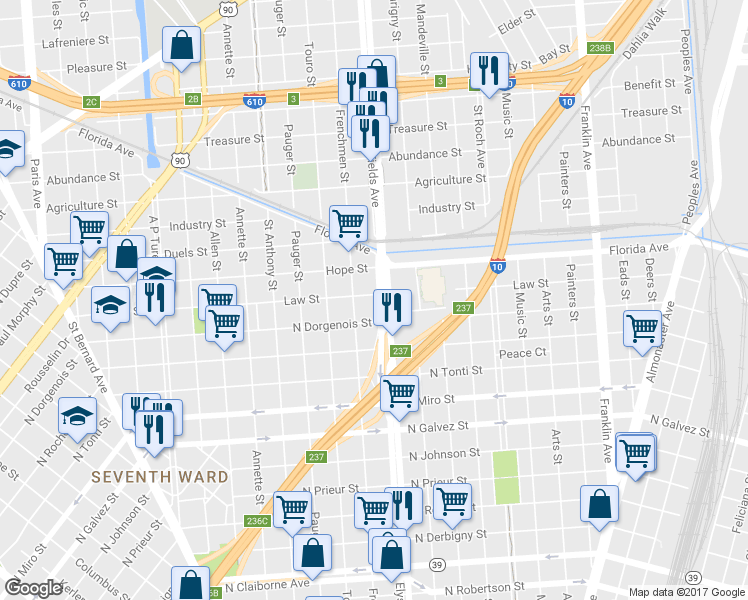 map of restaurants, bars, coffee shops, grocery stores, and more near 2538 Elysian Fields Avenue in New Orleans