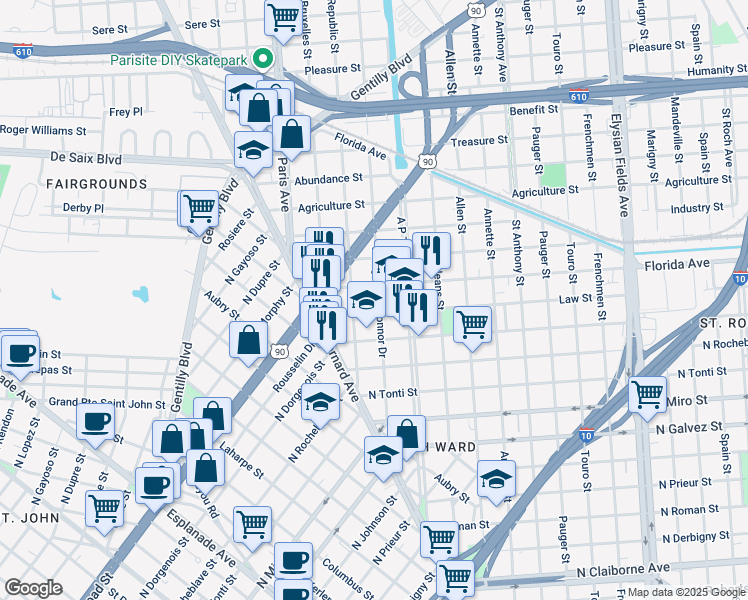 map of restaurants, bars, coffee shops, grocery stores, and more near 2618 George Nick Connor Drive in New Orleans