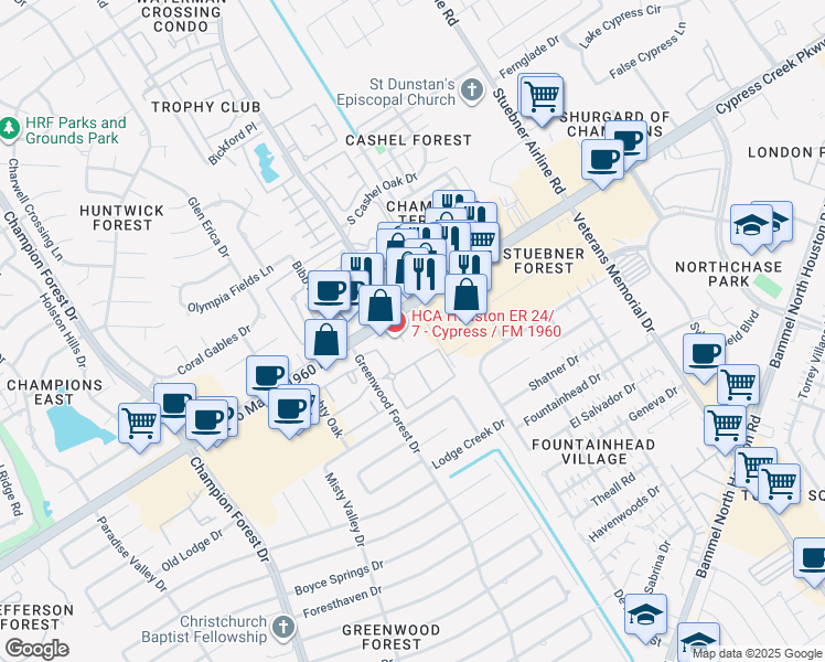 map of restaurants, bars, coffee shops, grocery stores, and more near 5003 Farm to Market 1960 Road West in Houston