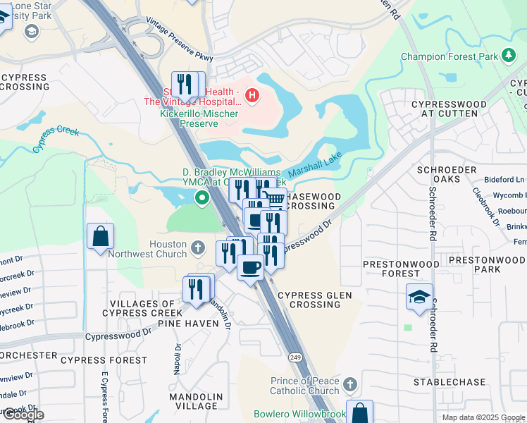 map of restaurants, bars, coffee shops, grocery stores, and more near 19746 Texas 249 in Houston
