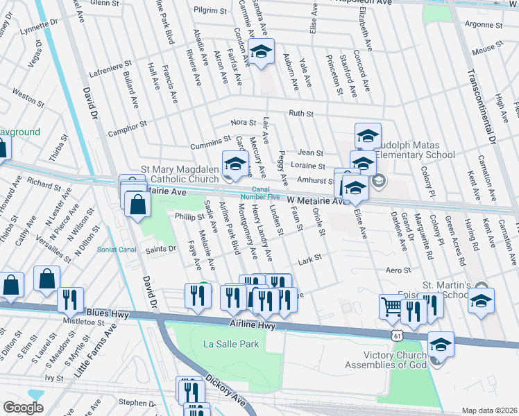 map of restaurants, bars, coffee shops, grocery stores, and more near 812 Linden Street in Metairie