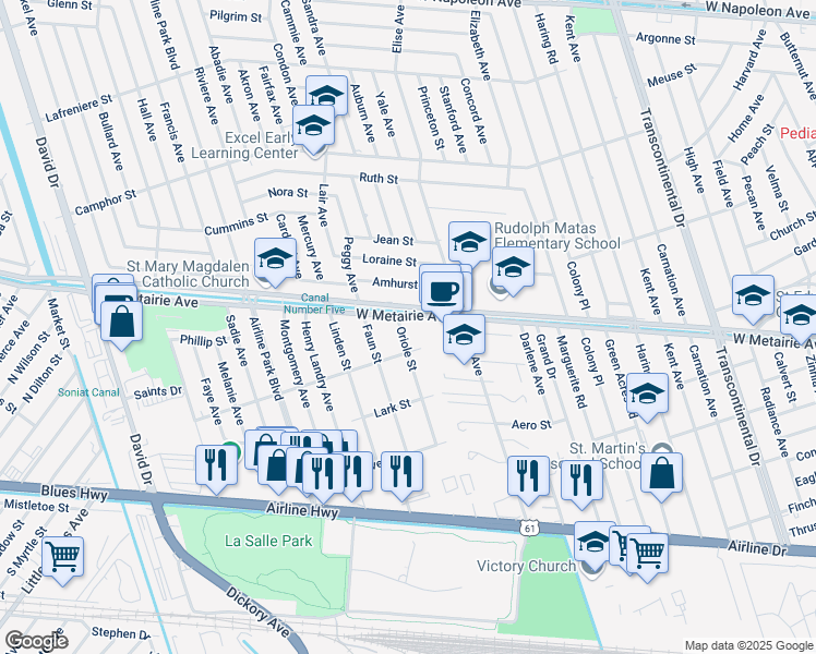 map of restaurants, bars, coffee shops, grocery stores, and more near 821 Oriole Street in Metairie