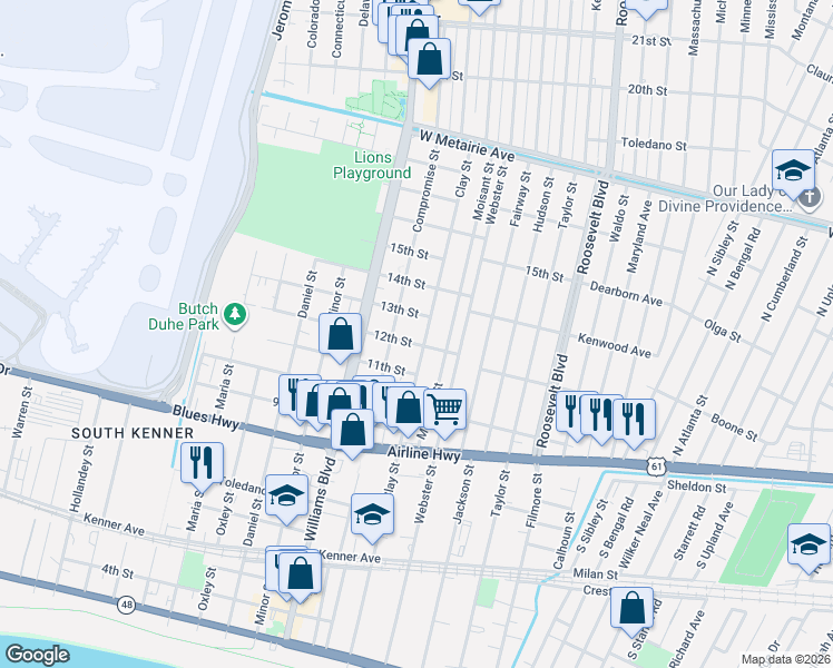 map of restaurants, bars, coffee shops, grocery stores, and more near 1203 Clay Street in Kenner