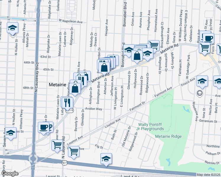 map of restaurants, bars, coffee shops, grocery stores, and more near 205 Atherton Drive in Metairie