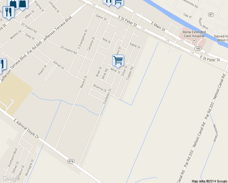 map of restaurants, bars, coffee shops, grocery stores, and more near 530 Silver Street in New Iberia