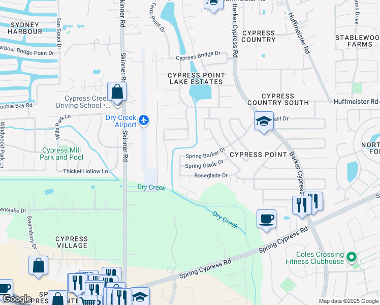 map of restaurants, bars, coffee shops, grocery stores, and more near 16730 Spring Barker Drive in Cypress