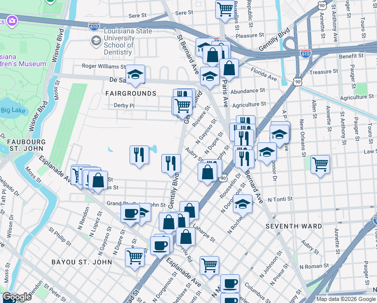 map of restaurants, bars, coffee shops, grocery stores, and more near 1726 Gentilly Boulevard in New Orleans