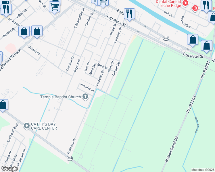 map of restaurants, bars, coffee shops, grocery stores, and more near 529 Silver Street in New Iberia