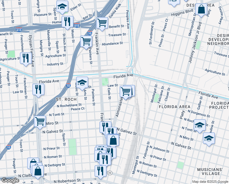 map of restaurants, bars, coffee shops, grocery stores, and more near 2843 North Dorgenois Street in New Orleans