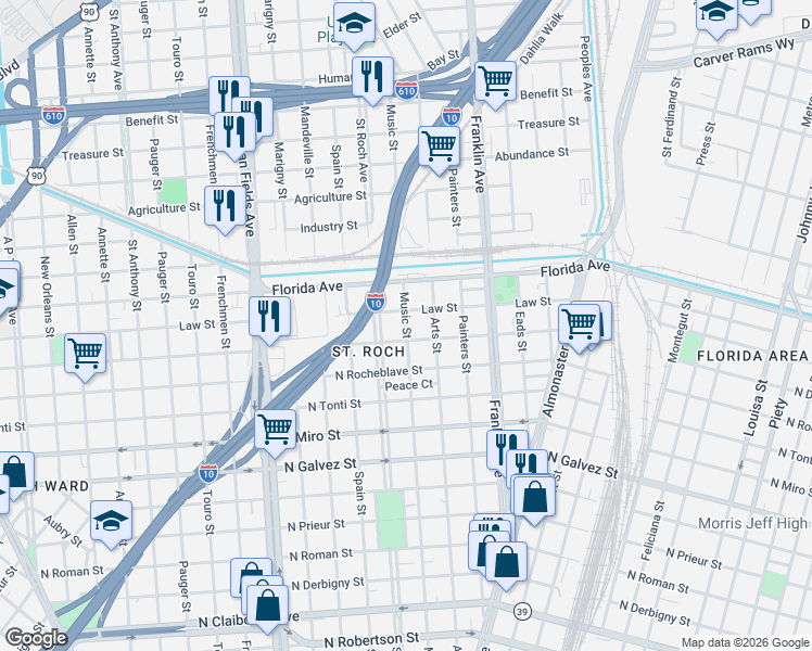 map of restaurants, bars, coffee shops, grocery stores, and more near 2518 Music Street in New Orleans