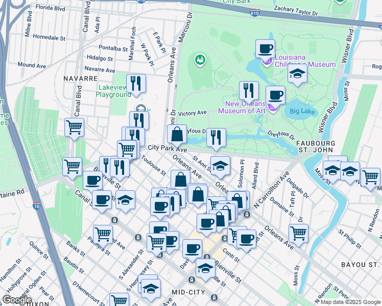 map of restaurants, bars, coffee shops, grocery stores, and more near 4524a Saint Ann Street in New Orleans