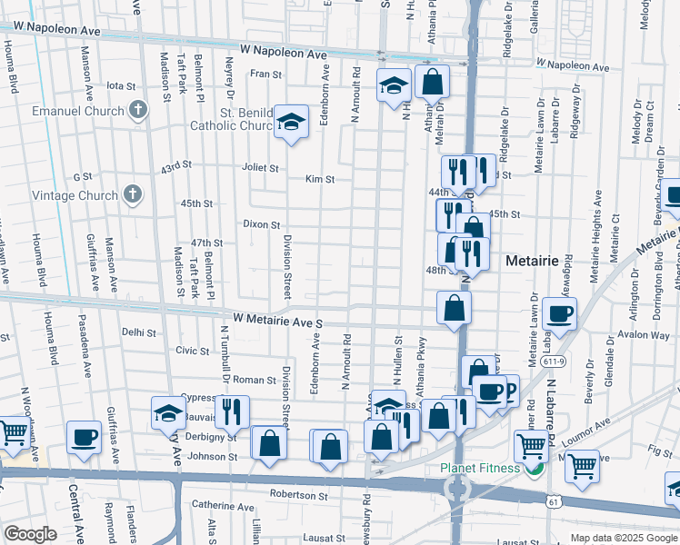 map of restaurants, bars, coffee shops, grocery stores, and more near 3614 East Bode Parkway in Metairie