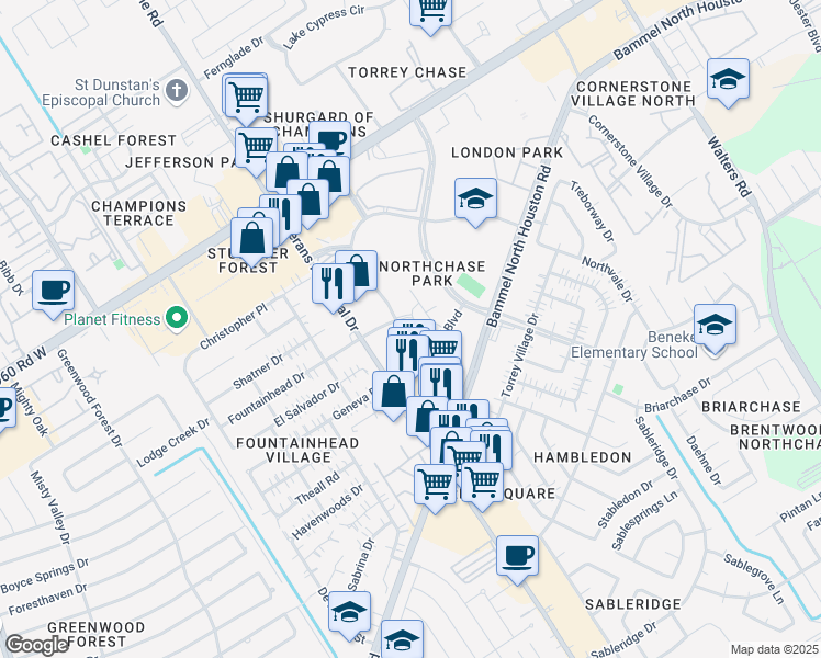 map of restaurants, bars, coffee shops, grocery stores, and more near 14350 Sylvanfield Dr in Houston
