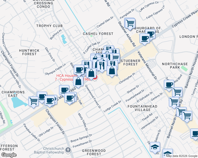 map of restaurants, bars, coffee shops, grocery stores, and more near 5003 Farm to Market 1960 Road West in Houston