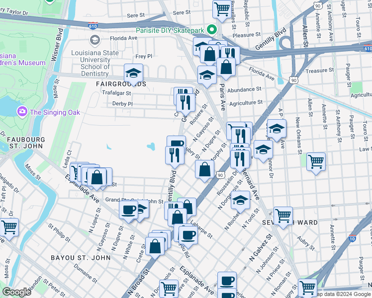 map of restaurants, bars, coffee shops, grocery stores, and more near 1726 Gentilly Boulevard in New Orleans