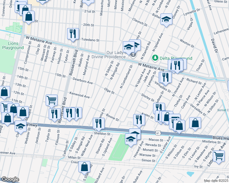 map of restaurants, bars, coffee shops, grocery stores, and more near 520 North Atlanta Street in Metairie