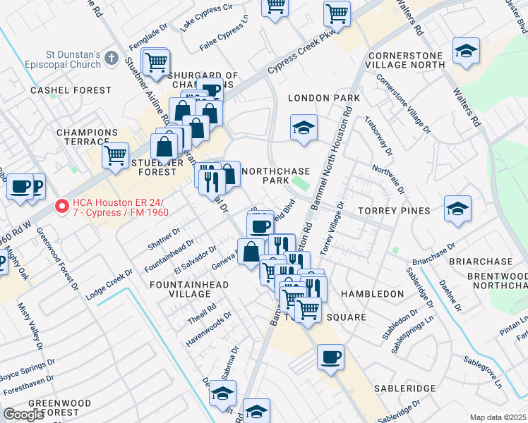 map of restaurants, bars, coffee shops, grocery stores, and more near 14350 Sylvanfield Drive in Houston