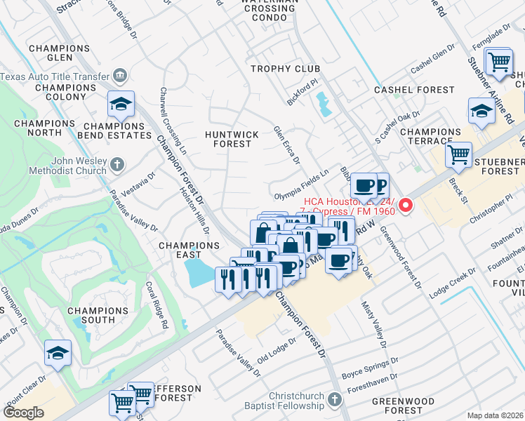 map of restaurants, bars, coffee shops, grocery stores, and more near 5407 Coral Ridge Road in Houston